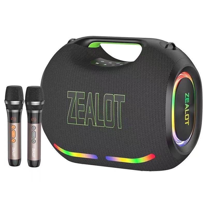 ZEALOT ZE21 250W portable speaker with 2 wireless microphones, RGB lights, and equalizer, supporting TWS/TF/USB/AUX home parties