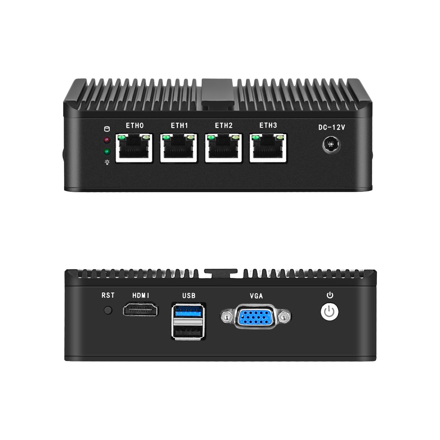 Intel CPU mini PC with 4 Gigabit LAN ports, PfSense firewall router, VGA + HD dual display, fanless industrial computer with firewall.