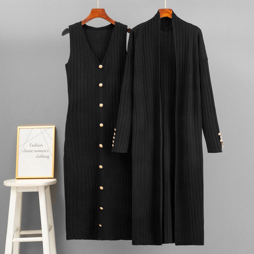 Ladies Suit Knitted Twinset V Neck Sleeveless Midi Dress Long Sleeve Cardigan Women's Clothing