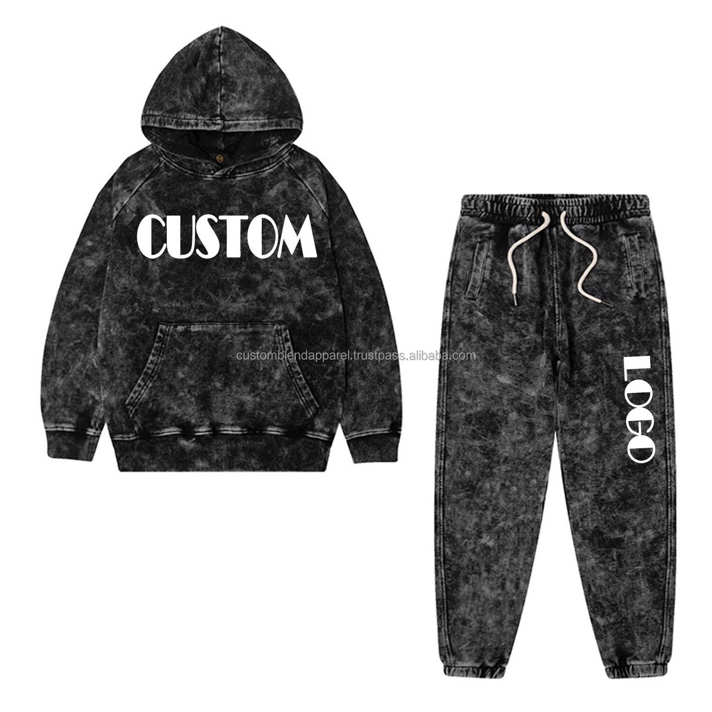 Children's acid-washed streetwear tracksuit set, high-quality zip-up hoodie and flared pants, winter custom design, heavyweight print.